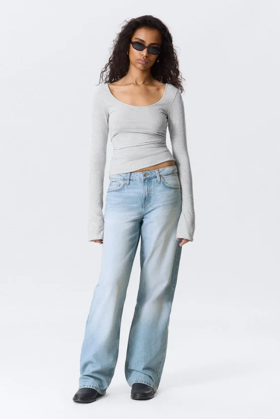 Long-Sleeved Slim Fit Scoop Neck Top – Grey Melange Long-Sleeved Slim Fit Scoop Neck Top – Grey Melange