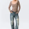 Long-Sleeved Slim Fit Scoop Neck Top – Light Pink/Brown Stripe Long-Sleeved Slim Fit Scoop Neck Top – Light Pink/Brown Stripe