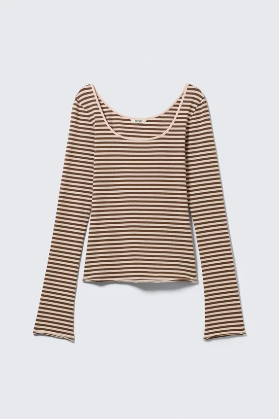 Long-Sleeved Slim Fit Scoop Neck Top – Light Pink/Brown Stripe Long-Sleeved Slim Fit Scoop Neck Top – Light Pink/Brown Stripe
