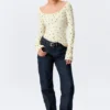 Long-Sleeved Slim Fit Scoop Neck Top – Light Yellow – Dots Long-Sleeved Slim Fit Scoop Neck Top – Light Yellow – Dots