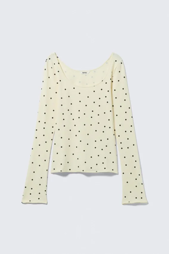Long-Sleeved Slim Fit Scoop Neck Top – Light Yellow – Dots Long-Sleeved Slim Fit Scoop Neck Top – Light Yellow – Dots