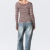 Long-Sleeved Slim Fit Scoop Neck Top – Pink & Burgundy Stripes Long-Sleeved Slim Fit Scoop Neck Top – Pink & Burgundy Stripes