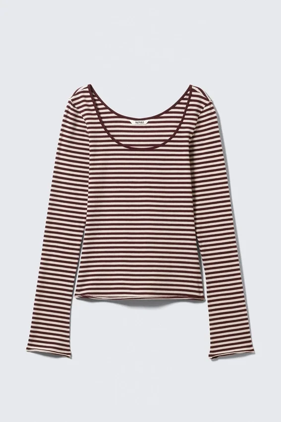 Long-Sleeved Slim Fit Scoop Neck Top – Pink & Burgundy Stripes Long-Sleeved Slim Fit Scoop Neck Top – Pink & Burgundy Stripes