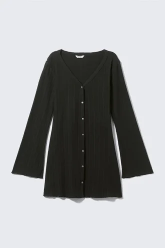 Long-Sleeved V-Neck Mini Dress – Black