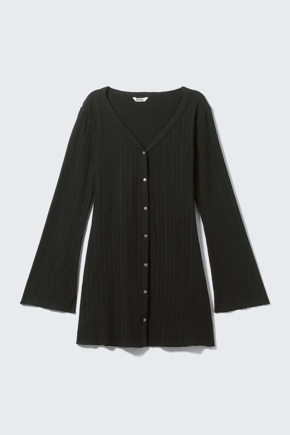 Long-Sleeved V-Neck Mini Dress – Black Long-Sleeved V-Neck Mini Dress – Black