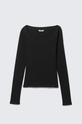 Long-Sleeved Wide Neck Top – Black