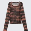 Long-Sleeved Wide Neck Top – Pink Blurred Stains Long-Sleeved Wide Neck Top – Pink Blurred Stains