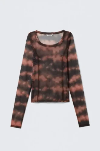 Long-Sleeved Wide Neck Top – Pink Blurred Stains