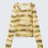 Long-Sleeved Wide Neck Top – Yellow Blurred Stains Long-Sleeved Wide Neck Top – Yellow Blurred Stains