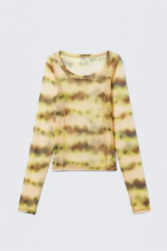 Long-Sleeved Wide Neck Top – Yellow Blurred Stains