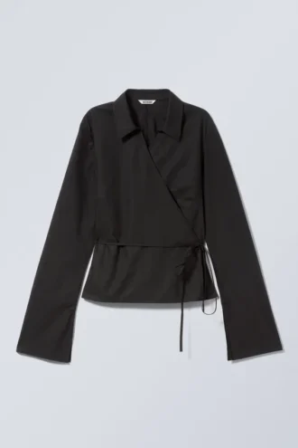 Long-Sleeved Wrap Poplin Shirt – Black