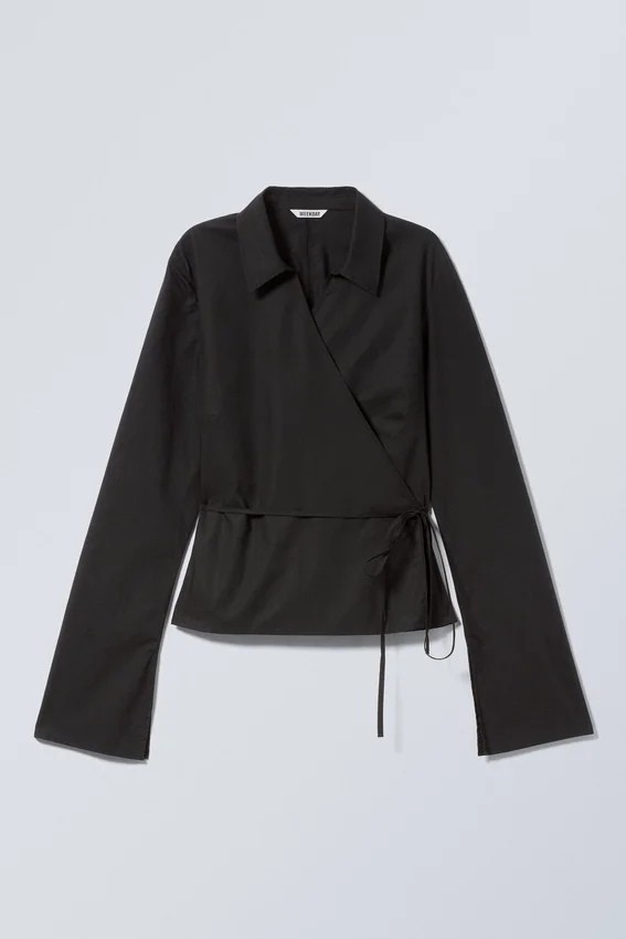Long-Sleeved Wrap Poplin Shirt – Black Long-Sleeved Wrap Poplin Shirt – Black