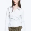 Long-Sleeved Wrap Poplin Shirt – Striped Blue