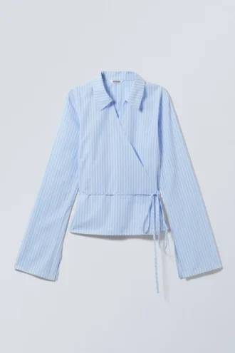 Long-Sleeved Wrap Poplin Shirt – Striped Blue