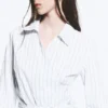Long-Sleeved Wrap Poplin Shirt – Striped Blue