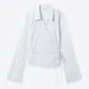 Long-Sleeved Wrap Poplin Shirt – Striped Blue