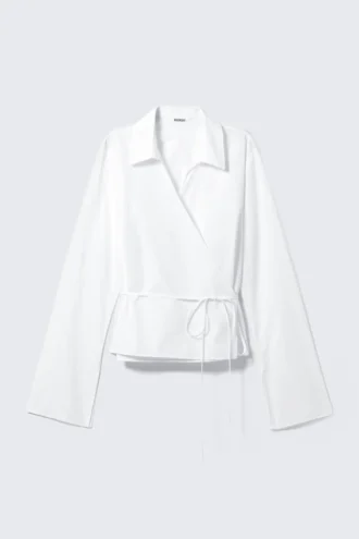 Long-Sleeved Wrap Poplin Shirt – White