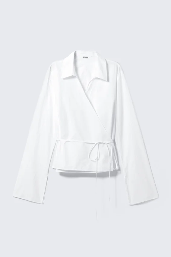 Long-Sleeved Wrap Poplin Shirt – White Long-Sleeved Wrap Poplin Shirt – White