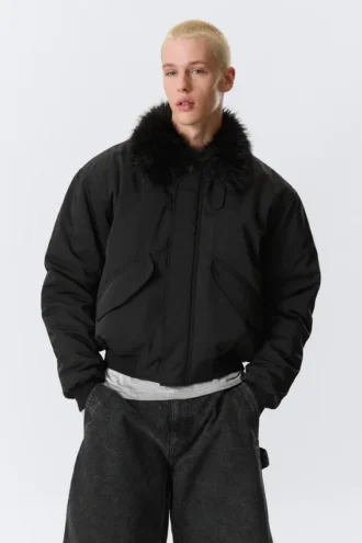 Loose Bomber Jacket with Faux-Fur Collar – Black