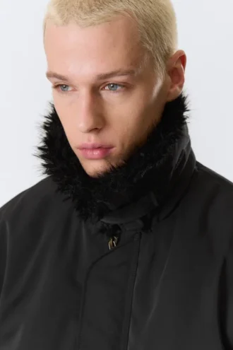 Loose Bomber Jacket with Faux-Fur Collar – Black