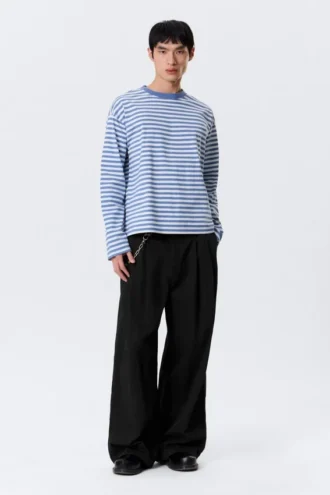 Loose Boxy Long-Sleeved T-Shirt – Blue & White Stripe