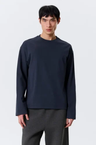 Loose Boxy Long-Sleeved T-Shirt – Dark Navy Blue