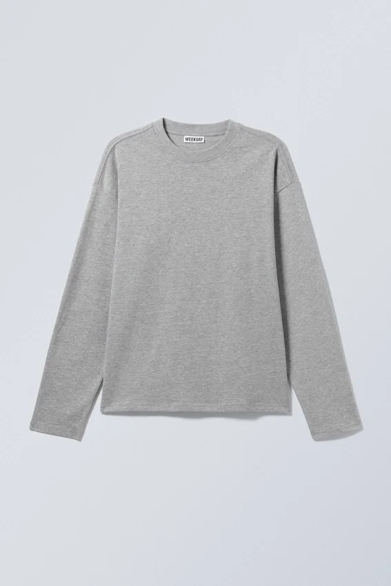 Loose Boxy Long-Sleeved T-Shirt – Light Grey Melange Loose Boxy Long-Sleeved T-Shirt – Light Grey Melange