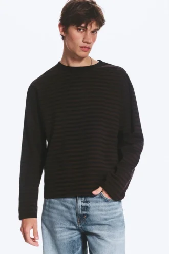 Loose Boxy Long-Sleeved T-Shirt – Striped Dark Brown