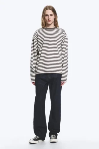 Loose Boxy Long-Sleeved T-Shirt – White – Brown Stripes