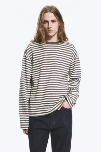 Loose Boxy Long-Sleeved T-Shirt – White – Brown Stripes