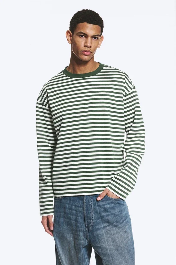 Loose Boxy Long-Sleeved T-Shirt – White & Dark Green Stripes Loose Boxy Long-Sleeved T-Shirt – White & Dark Green Stripes
