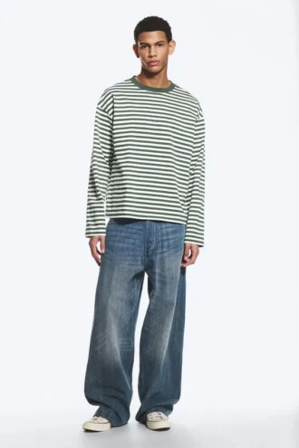 Loose Boxy Long-Sleeved T-Shirt – White & Dark Green Stripes