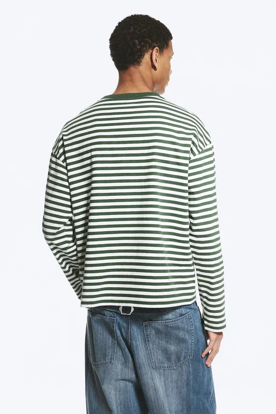 Loose Boxy Long-Sleeved T-Shirt – White & Dark Green Stripes Loose Boxy Long-Sleeved T-Shirt – White & Dark Green Stripes