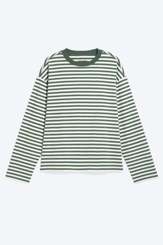 Loose Boxy Long-Sleeved T-Shirt – White & Dark Green Stripes Loose Boxy Long-Sleeved T-Shirt – White & Dark Green Stripes
