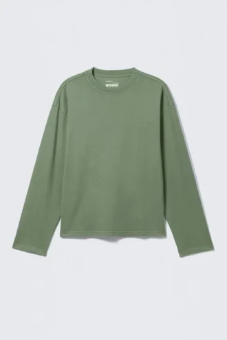 Loose Boxy Long-Sleeved T-Shirt – White – Green Stripe