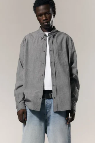 Loose Button-Down Poplin Shirt – Black Check