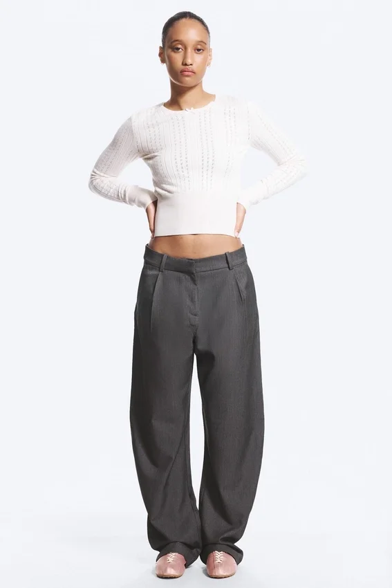 Loose Fit Barrel Leg Suiting Trousers – Dark Grey Melange Loose Fit Barrel Leg Suiting Trousers – Dark Grey Melange