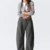 Loose Fit Barrel Leg Suiting Trousers – Striped Dark Grey Melange Loose Fit Barrel Leg Suiting Trousers – Striped Dark Grey Melange