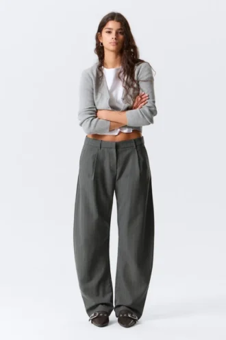 Loose Fit Barrel Leg Suiting Trousers – Striped Dark Grey Melange