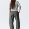 Loose Fit Barrel Leg Suiting Trousers – Striped Dark Grey Melange Loose Fit Barrel Leg Suiting Trousers – Striped Dark Grey Melange