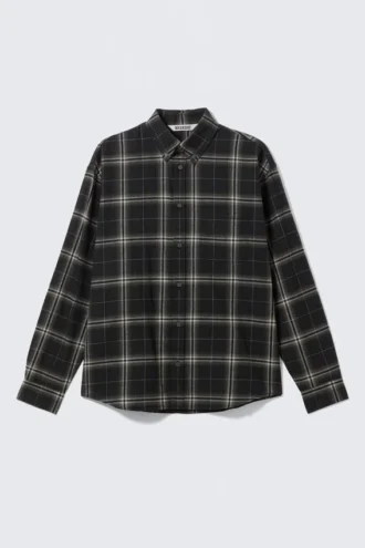 Loose Fit Button-Up Flannel Shirt – Black Checked
