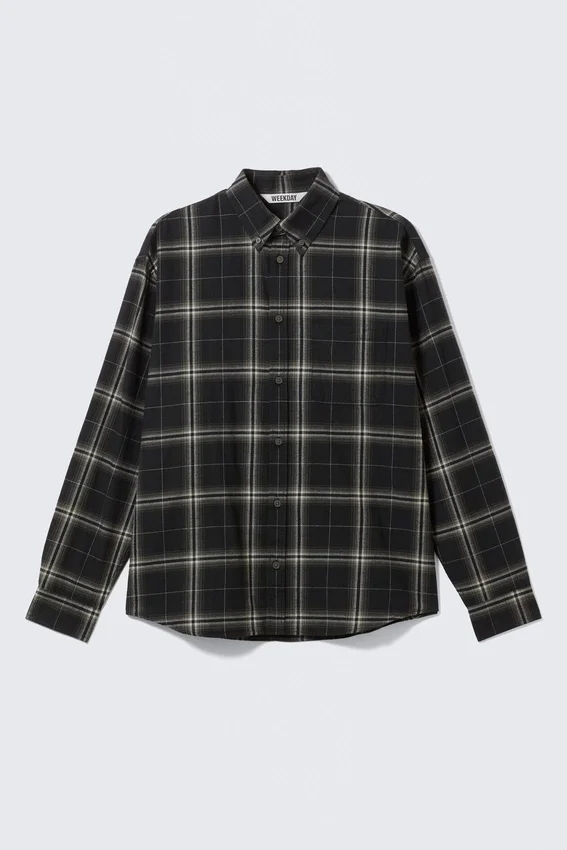 Loose Fit Button-Up Flannel Shirt – Black Checked Loose Fit Button-Up Flannel Shirt – Black Checked