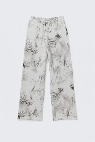 Loose Fit Cotton Sweatpants – Grey Melange – Scribble Print