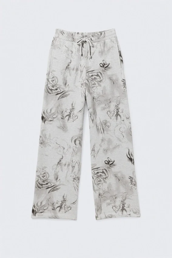 Loose Fit Cotton Sweatpants – Grey Melange – Scribble Print Loose Fit Cotton Sweatpants – Grey Melange – Scribble Print