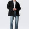 Loose Fit Double-Breasted Linen-Blend Blazer – Black Loose Fit Double-Breasted Linen-Blend Blazer – Black