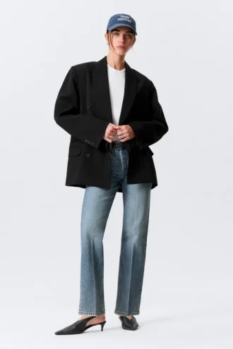 Loose Fit Double-Breasted Linen-Blend Blazer – Black