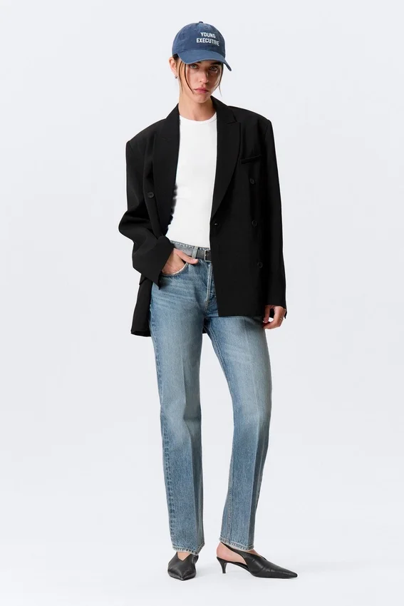 Loose Fit Double-Breasted Linen-Blend Blazer – Black Loose Fit Double-Breasted Linen-Blend Blazer – Black