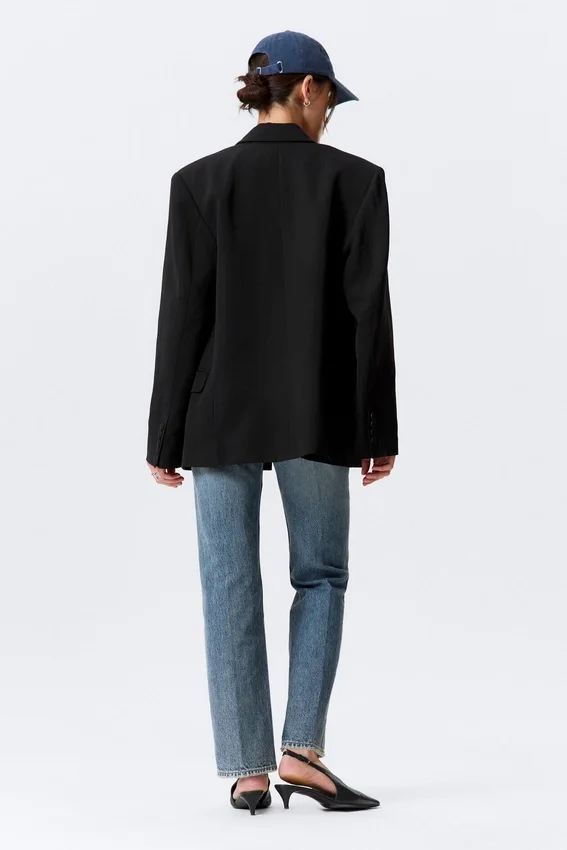 Loose Fit Double-Breasted Linen-Blend Blazer – Black Loose Fit Double-Breasted Linen-Blend Blazer – Black