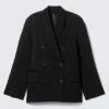 Loose Fit Double-Breasted Linen-Blend Blazer – Black Loose Fit Double-Breasted Linen-Blend Blazer – Black