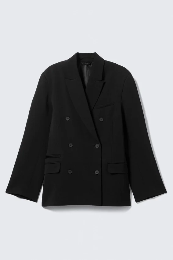 Loose Fit Double-Breasted Linen-Blend Blazer – Black Loose Fit Double-Breasted Linen-Blend Blazer – Black